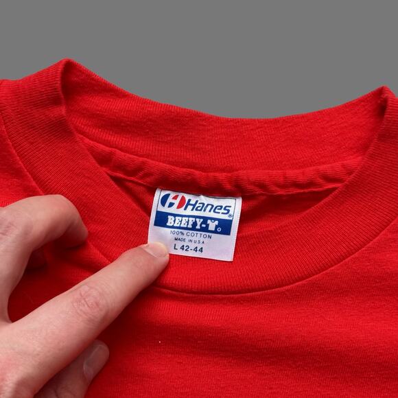 VTG 90s Hanes Beefy 'Only Visiting' Red/Yellow SS Single Stitch Tee Size L GUC - Picture 6 of 7